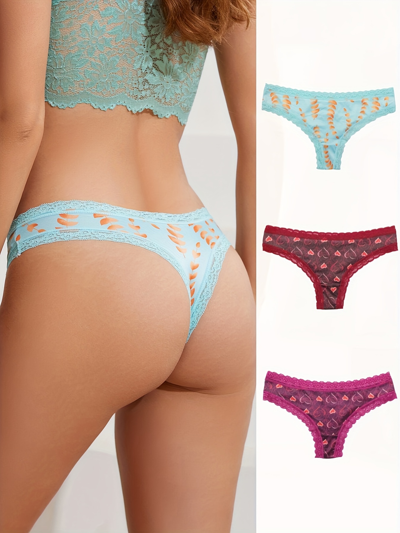 4Pcs Rhinestone Contrast Lace Thongs, Soft & Comfy Stretchy Intimates  Panties, Women's Lingerie & Underwear
