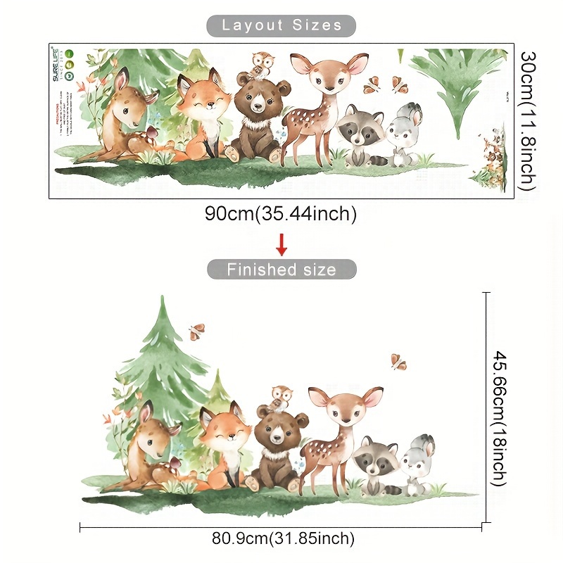 Image of Forest Animal Theme Bear Deer Rabbit Wall Stickers For Bedroom Living Room Decoration Wallpaper Wall Stickers - , Cartoon Pattern, Animal Theme, Semi-matte End Self-adhesive Installation