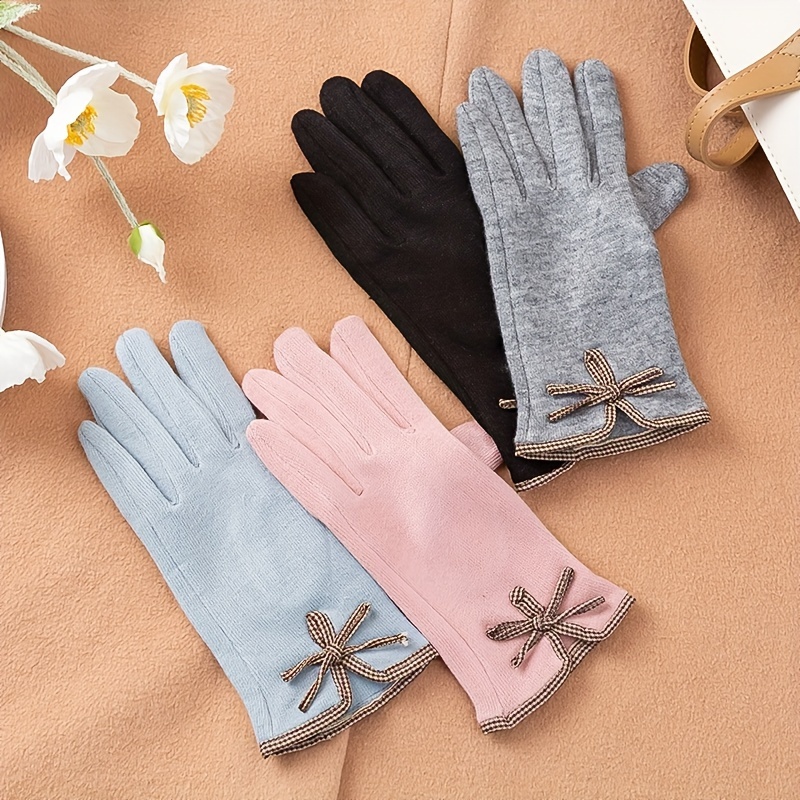 Cute Bow Decor Cashmere Gloves Women's Short Stretchy Warm - Temu