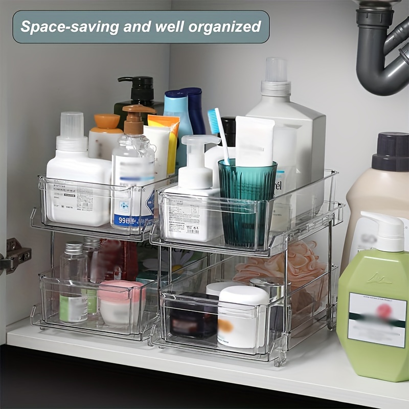 2 Tier Bathroom Storage Organizer with Dividers, Clear under Sink Organizers