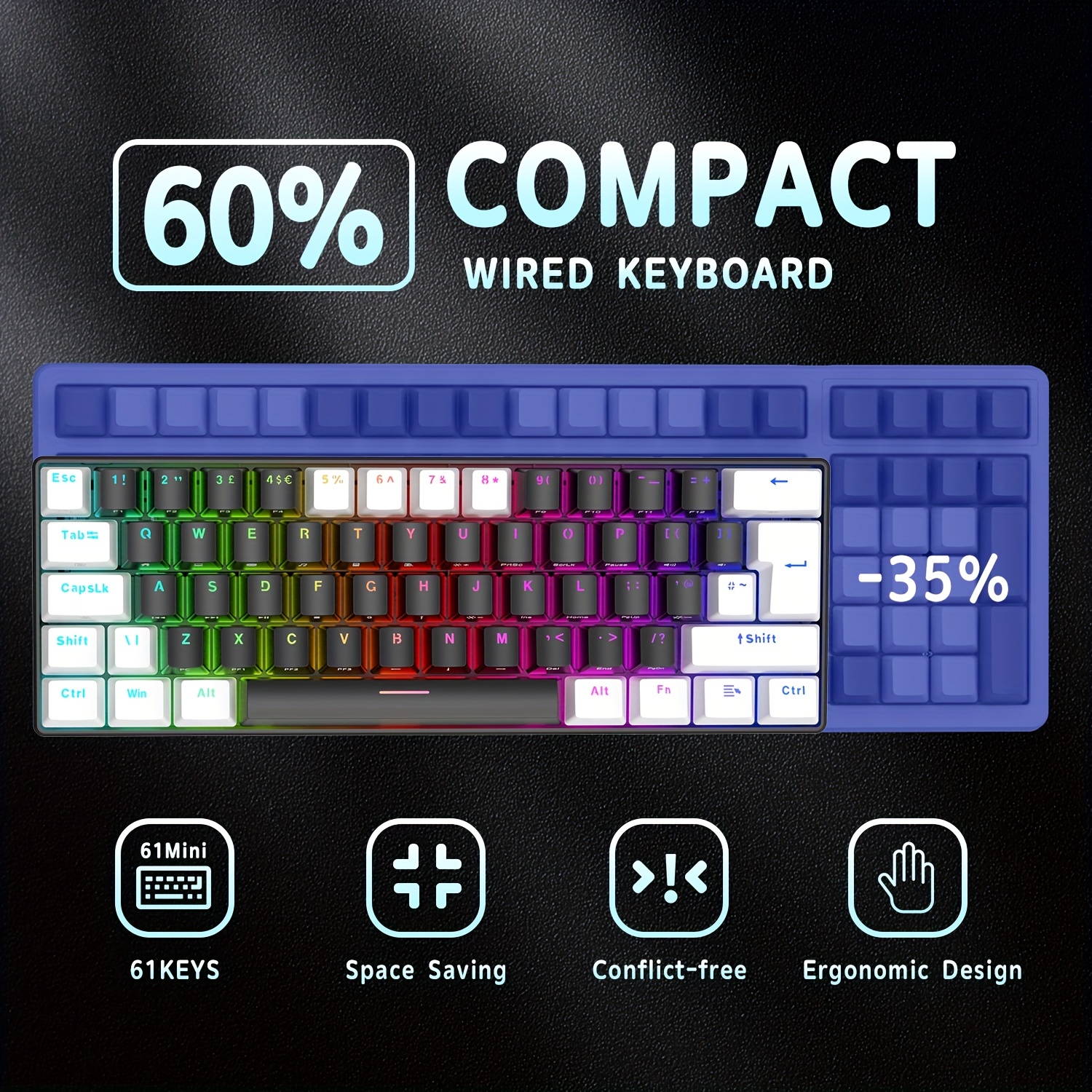 UK Layout 60% Percent Mechanical Gaming Keyboard RGB Backlight USB C for  PC, PS4