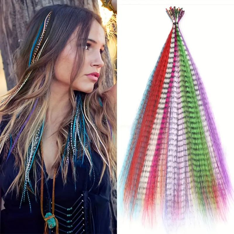 16 inch Synthetic Colored Strands of Faux Feather Hairpiece False Rainbow Overhead Fake Coloring Feather for Hair Extensions, Human Hair Extensions