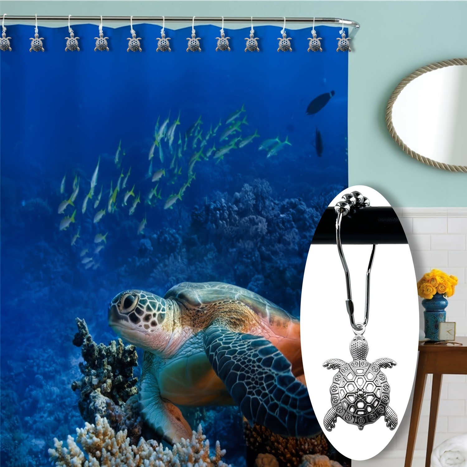 Shower Curtain Hooks Rings Sea Turtles Bathroom Silvery - Temu
