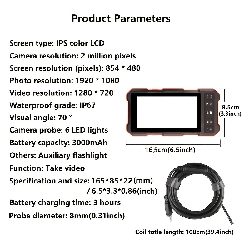 Dual Camera Endoscope 4.5” IPS Screen HD1080P 8MM 5.5MM Lens Car