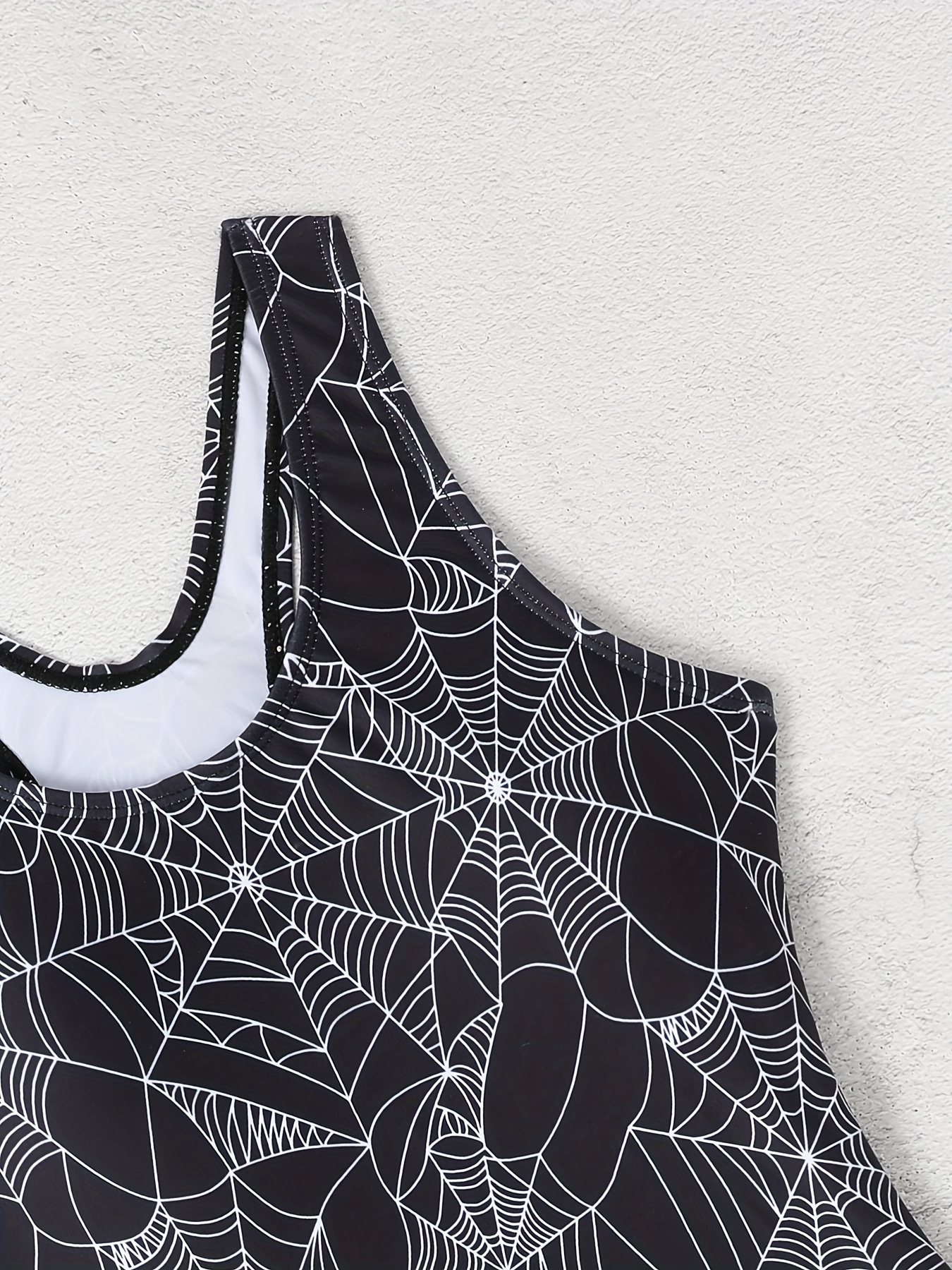 Spider Web Ghost Print Scoop Neck Black Swimsuit - Temu Canada