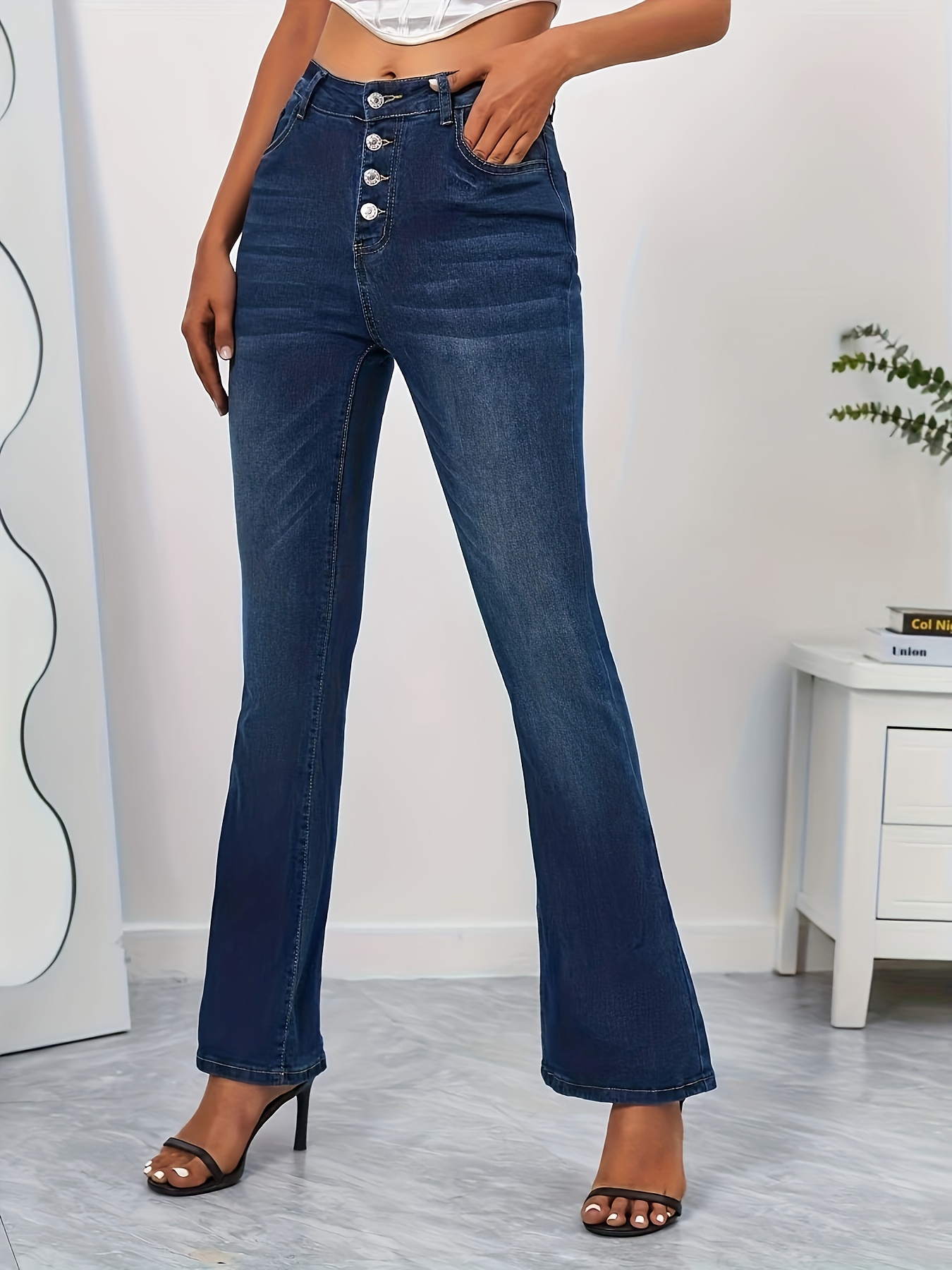 Jeans Acampanados Con Ribete Crudo * Jeans Acampanados Versátiles De  Cintura Alta Y Estiramiento Alto, Jeans Y Ropa De Mujer