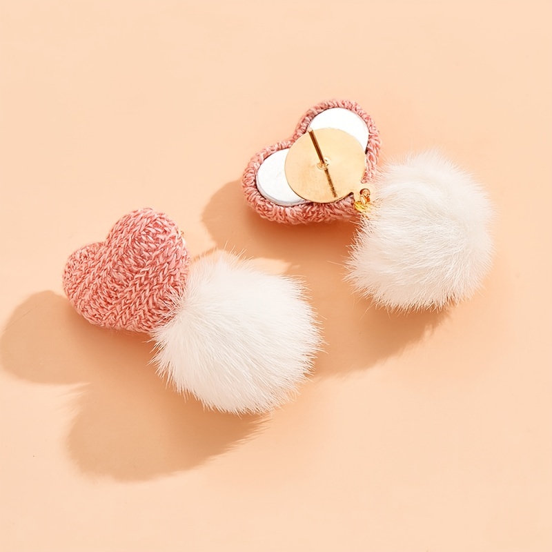Heart Shaped Pink Earrings with Pom Pom