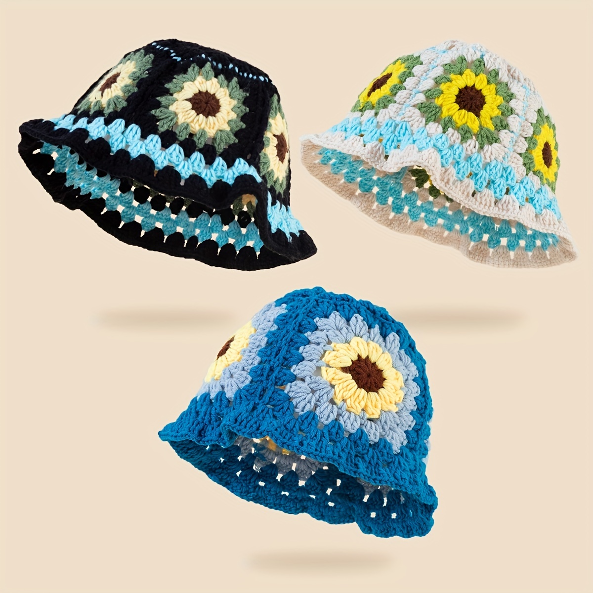 

Boho Flower Crochet Bucket Hat Color Block Knitted Cloche Hats For Women Floral Graphic Vintage Basin Hat Hawaii Ribbed Cap