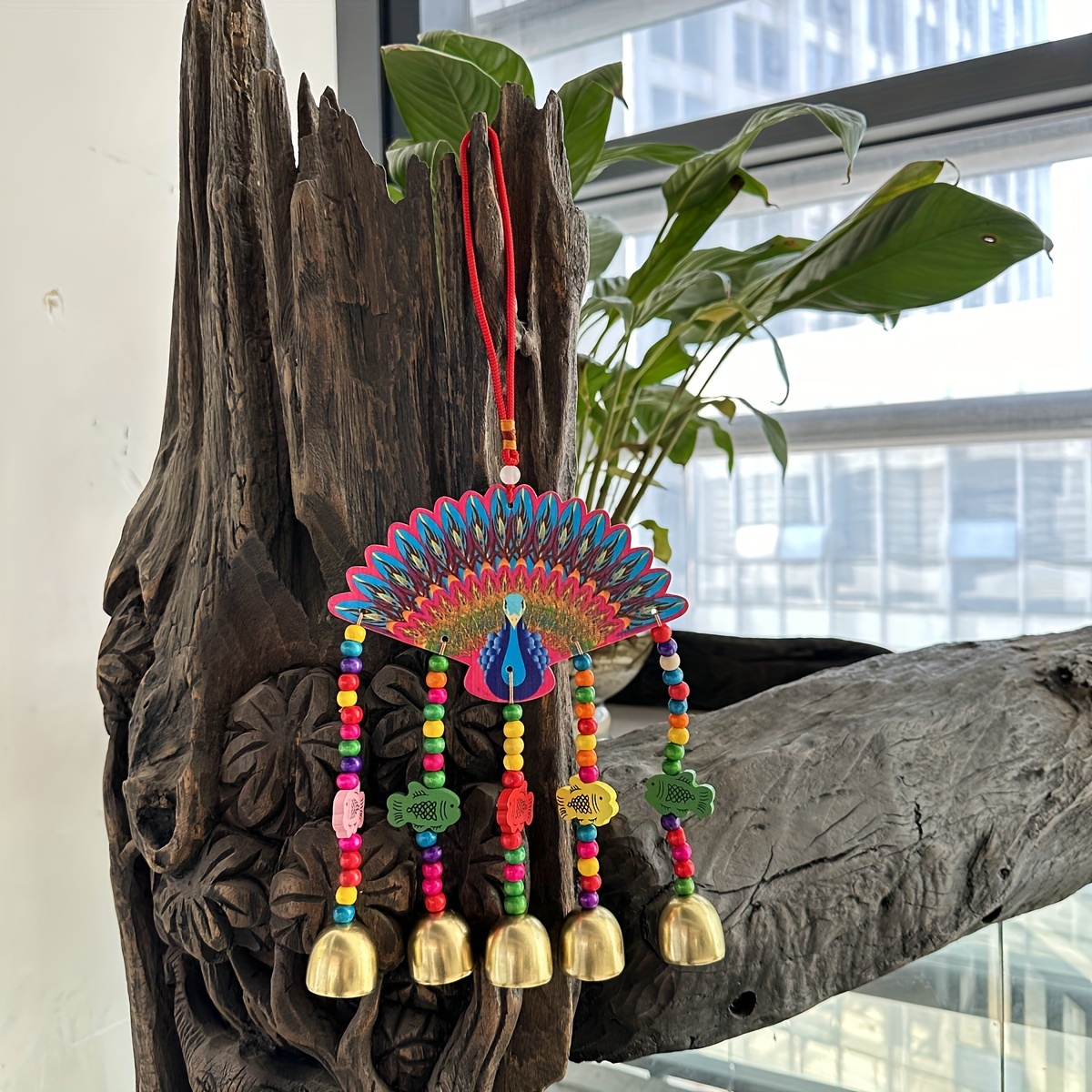 Image of Wind Chime Painted Wood Board Peacock Wind Chime Small Living Room Study Decoration Wind Chime Garden Patio Porch Christmas Hanukkah Gift Outdoor Decoration
