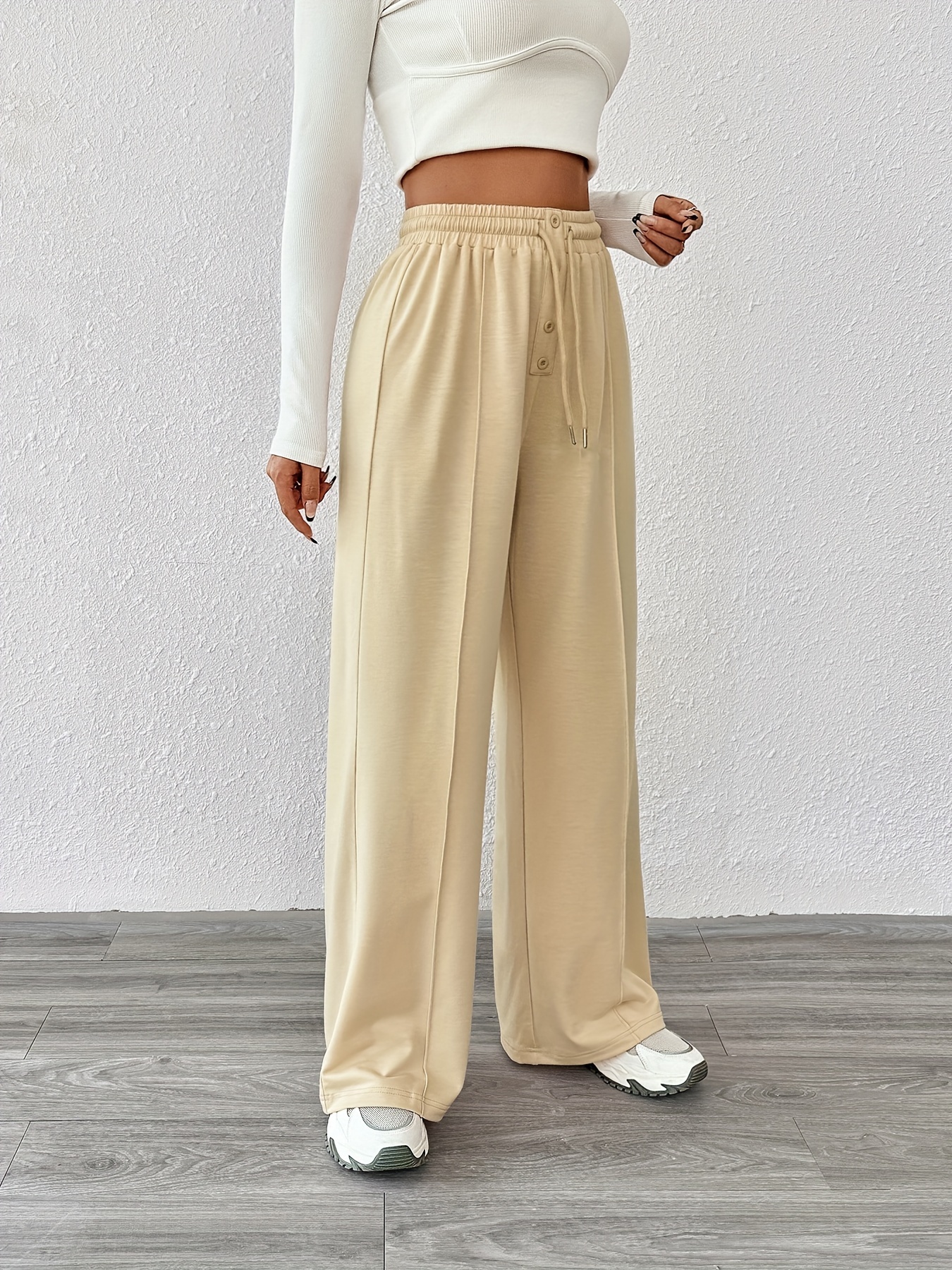 YWDJ Dressy Joggers for Women Women Casual Solid Cotton Linen Drawstring  Elastic Waist Calf Length Pencil Pants Beige S 
