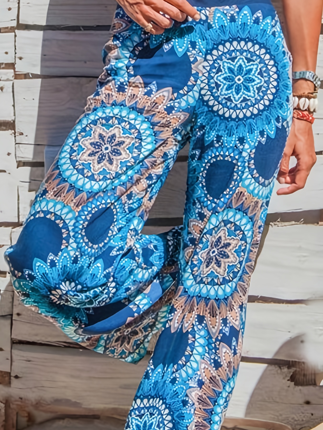 Mandala Floral Print Pants, Boho Wide Leg High Waist Pants, Women's Clothing
