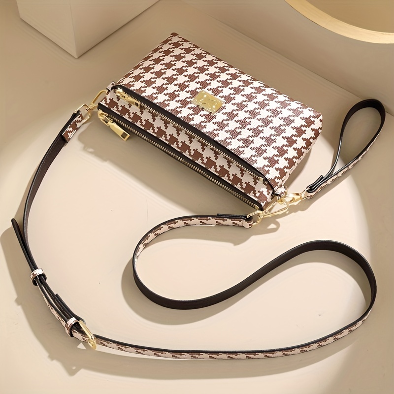 Houndstooth Crossbody Bag Clutch Wallet Zipper Wrist Purse
