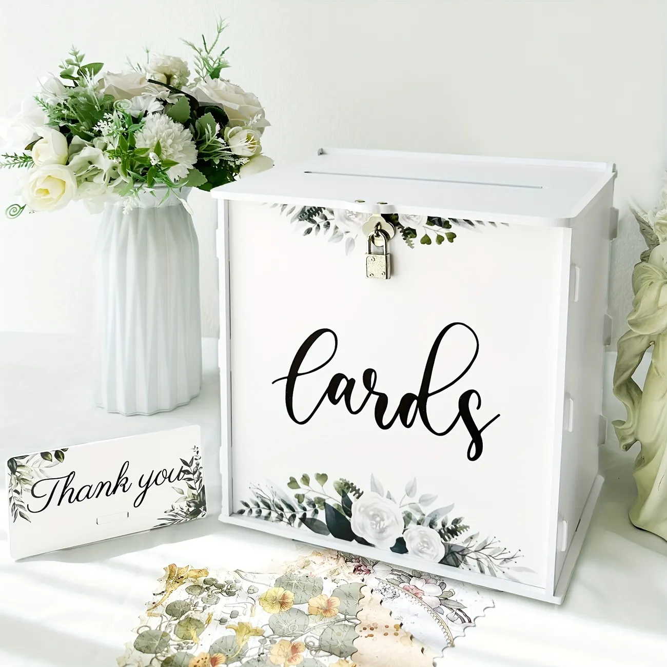 White Wedding Card Box With Lock, Pvc Gift Card Box For Wedding Reception,  Eucalyptus Diy Wedding Envelope Money Card Box, Wedding Supplies - Temu