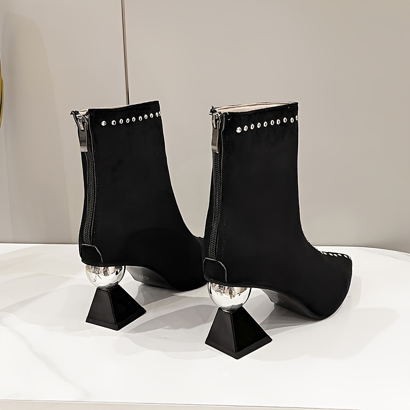 Women's Black Cover Pointed Toe Ankle Boots with Back Zipper, Chunky Mid-Heel & Decorative Studs - Slim Fit Comfortable Booties for Casual & Formal Outfits
