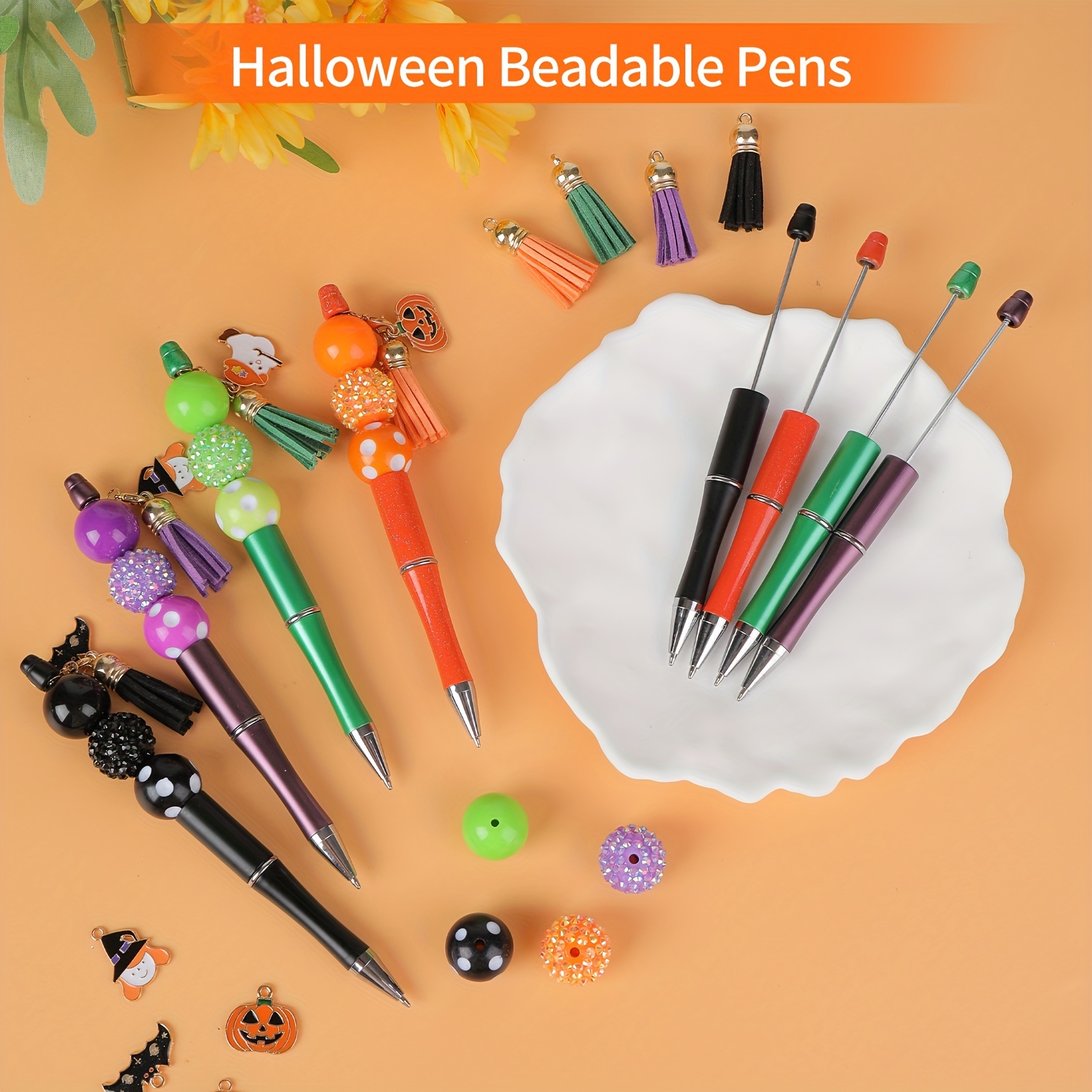 NEWEST 12 Pieces Halloween Beadable Pens Bulk Plastic Bead Pens with 36  Multicolor Beads Halloween DIY Pen Making Kit Black Ink Beaded Ballpoint  Pens