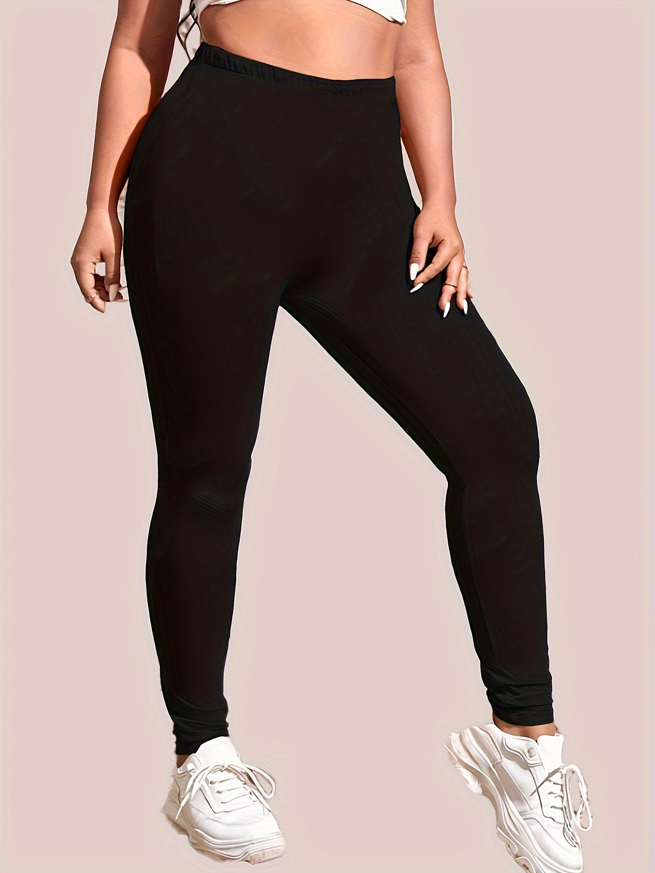 Casual Solid Regular Black Plus Size Leggings (Women's)