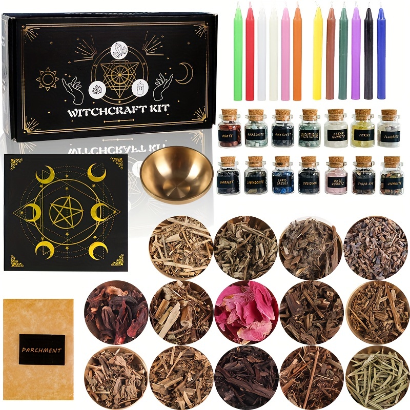 54pcs Witchcraft Supplies Kit For Witch Altar, Spell Candles For Witches,  Crystals Spell Jars For Witches, Herbs For Spells, Beginner Witch Kit Box, W