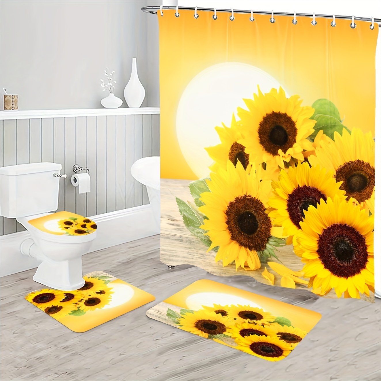 Sunflower Shower Curtain Set Waterproof Fabric Black Shower - Temu