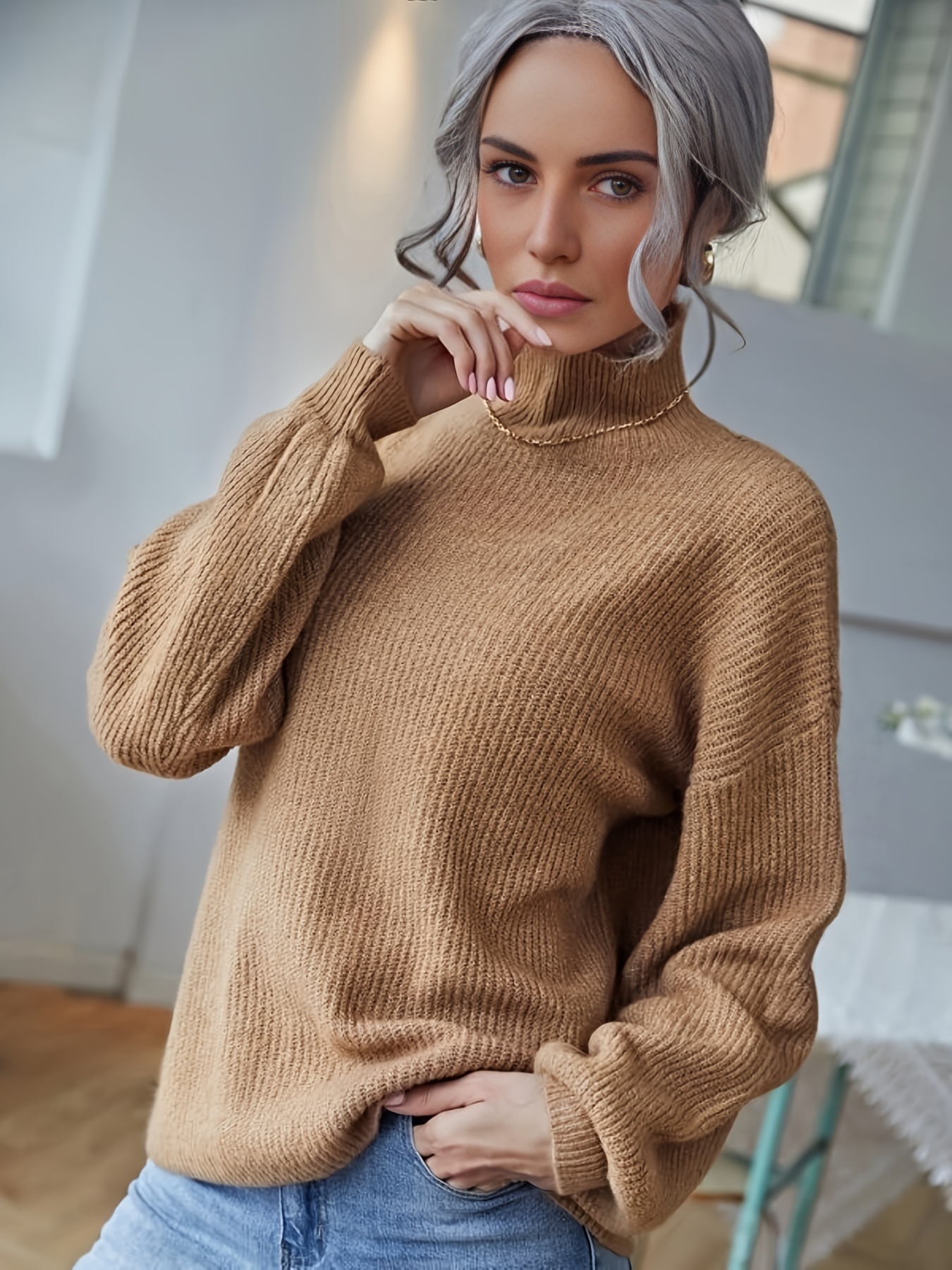 Basic Solid Turtle Neck Sweater Casual Long Sleeve Sweater - Temu United  Kingdom