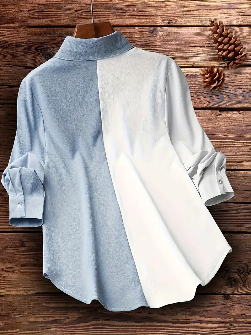 colorblock polo collar button shirt casual long sleeve shirt for spring fall womens clothing details 1