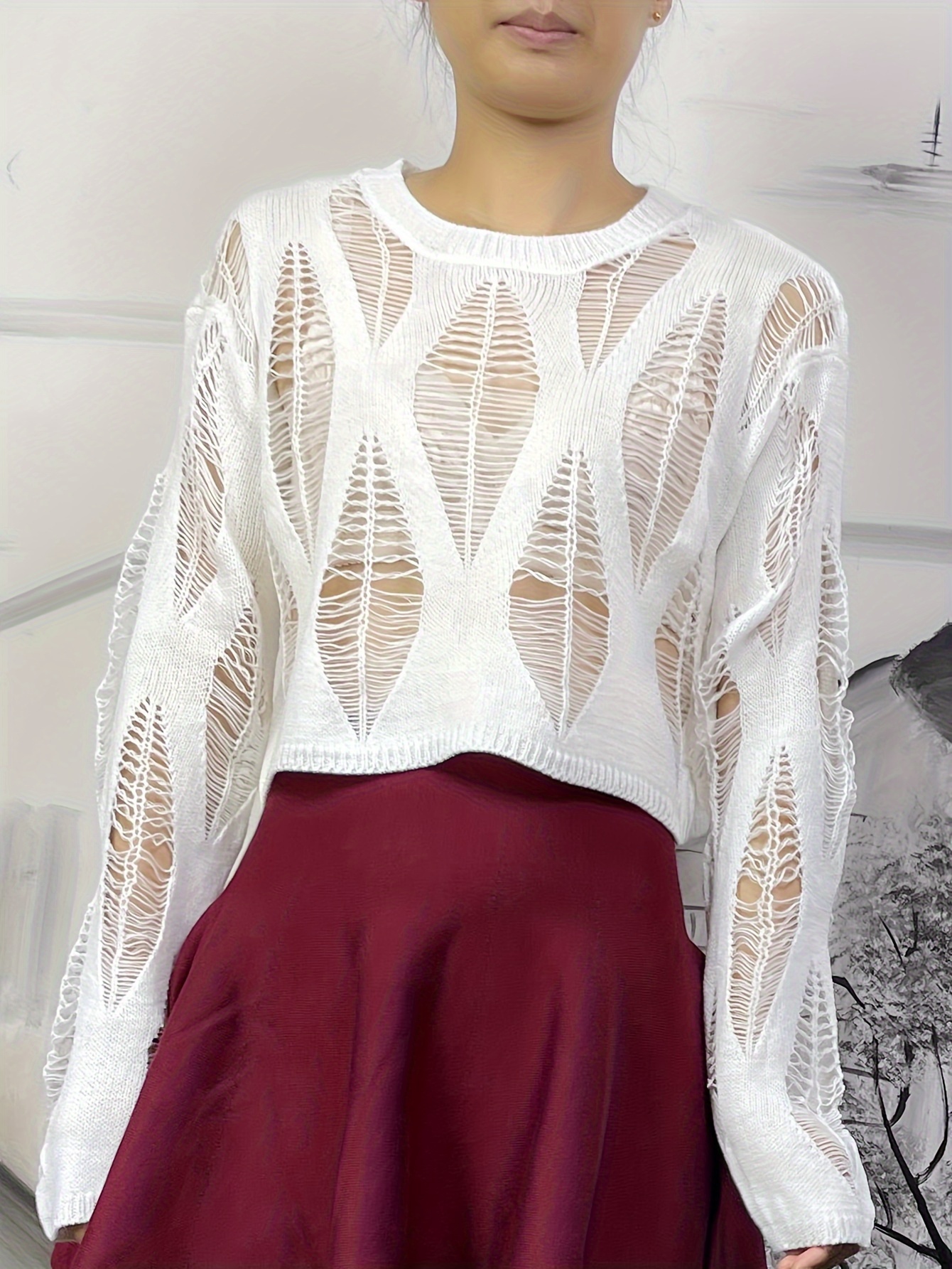 Solid Ripped Sheer Knitted Top Casual Long Sleeve Crop - Temu