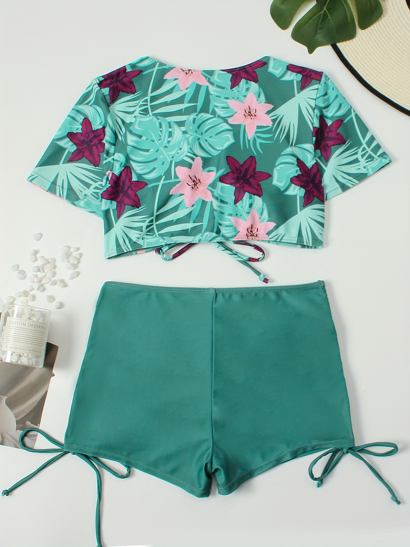 SHEIN Swim Classy Floral Print Tankini Set Halter Top & Drawstring Side Swim  Shorts 2 Piece Swimsuit