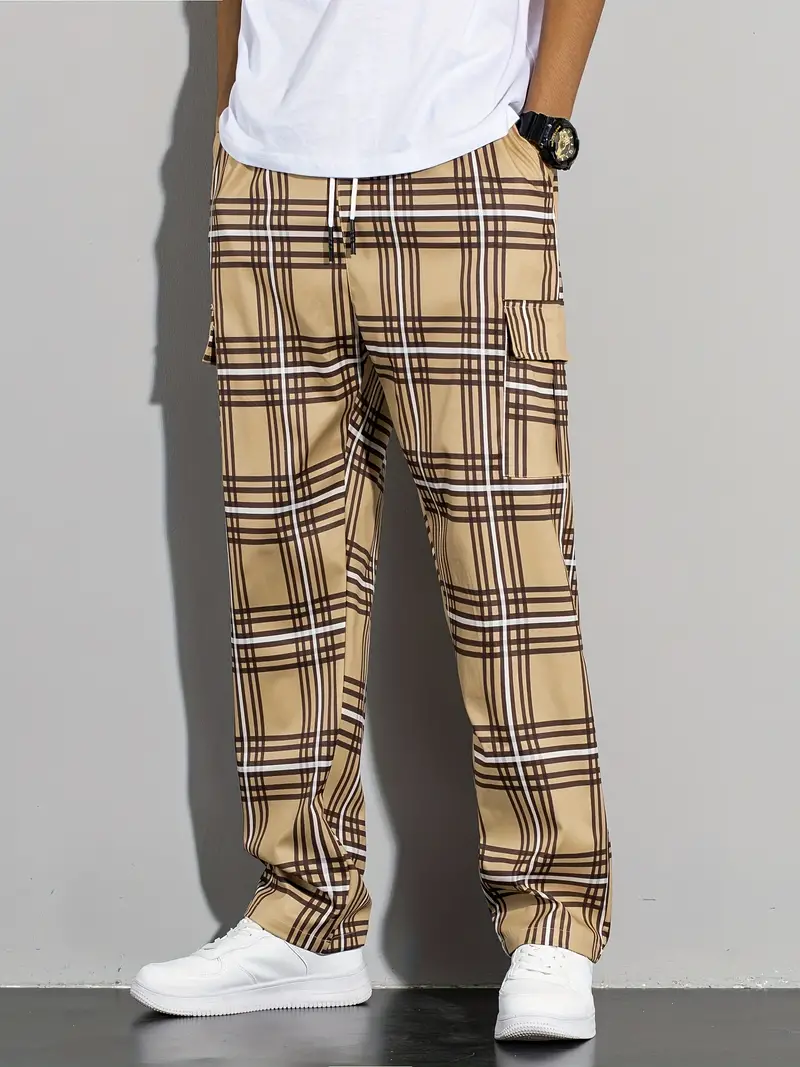 Trendy Vintage Plaid Cargo Pants Men's Multi Flap Pocket - Temu Canada