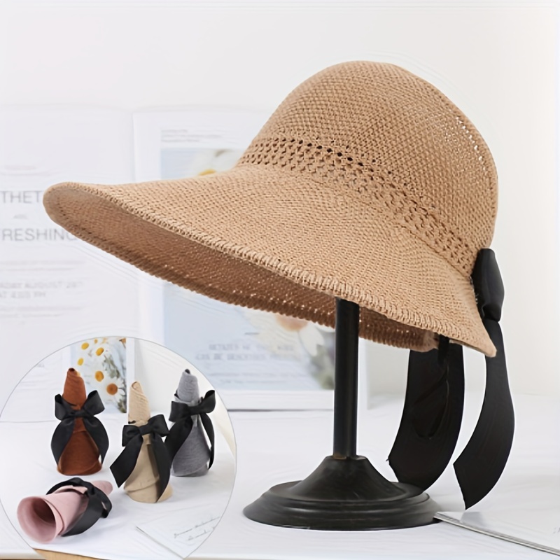 Bow Decor Foldable Woven Straw Hat Large Brim Sun Hat Women - Temu