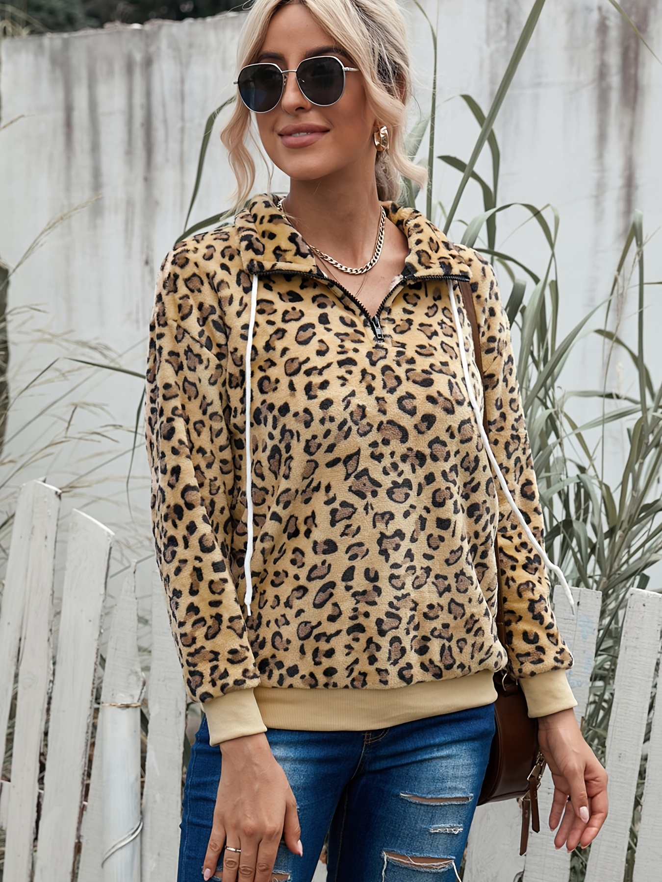 Leopard Print Drawstring Long Sleeve Sweatshirt Casual Half Zip Loose Stylish Pullover Women s Clothing