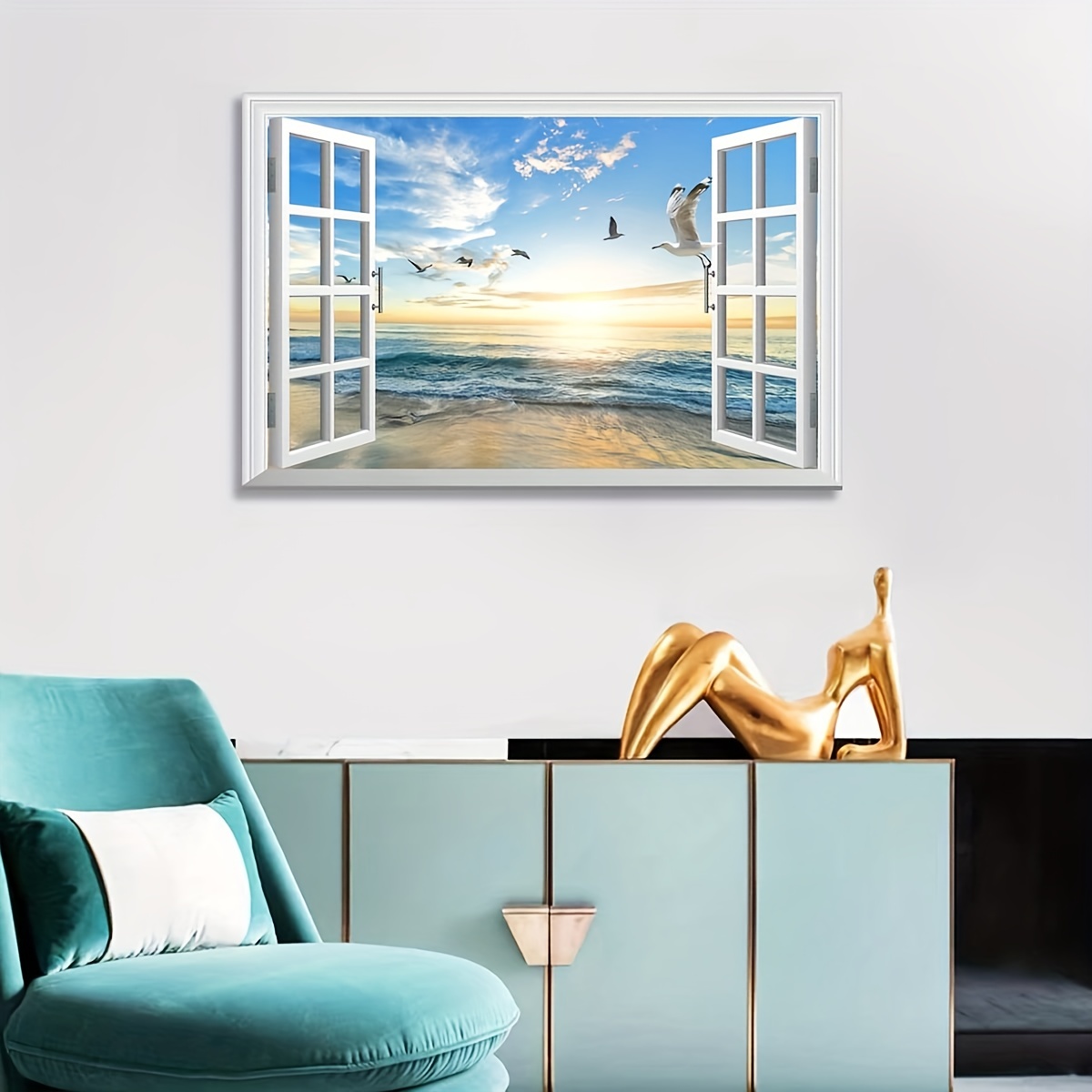  ForJoy Beach View With Window Art Coastal Bird Pictures Window  View Canvas Wall Art Window Beach Poster Beach Window Wall Art Seagull for  Bedroom,Living Room,Kitchen,Office(12X16X1 Panel): Posters & Prints