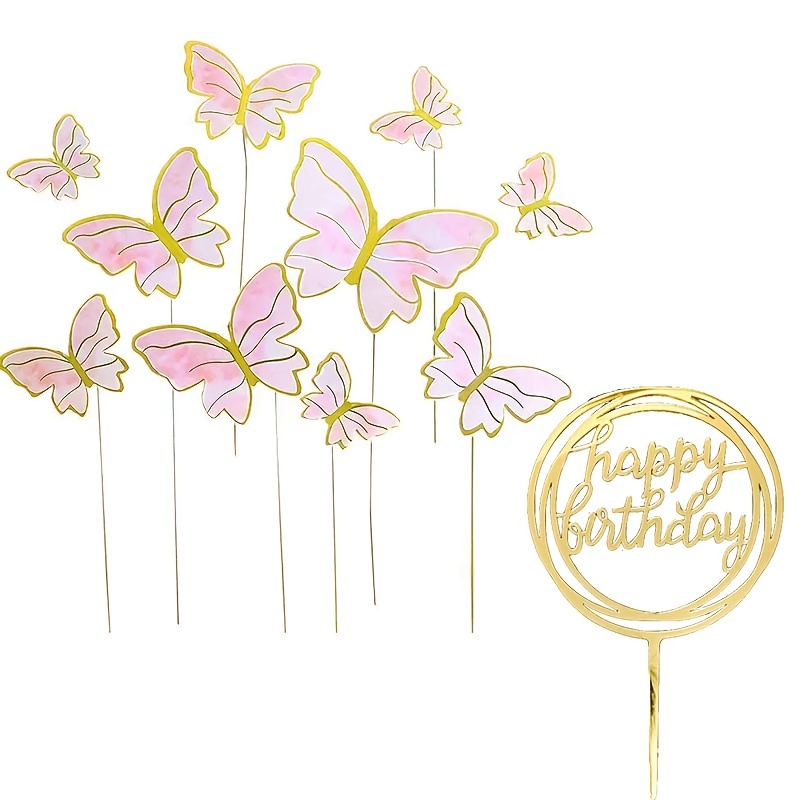 Golden Butterfly Cake Decorations Happy Birthday Acrylic - Temu