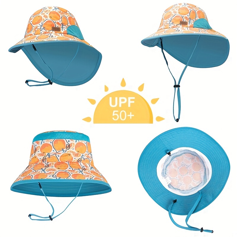 Boys And Girls Cute Cartoon Orange Stitching Shawl Hat, Quick Dry  Breathable Drawstrings Wide Brim Sun Protection Bucket Hat For Outdoor  Traveling Bea