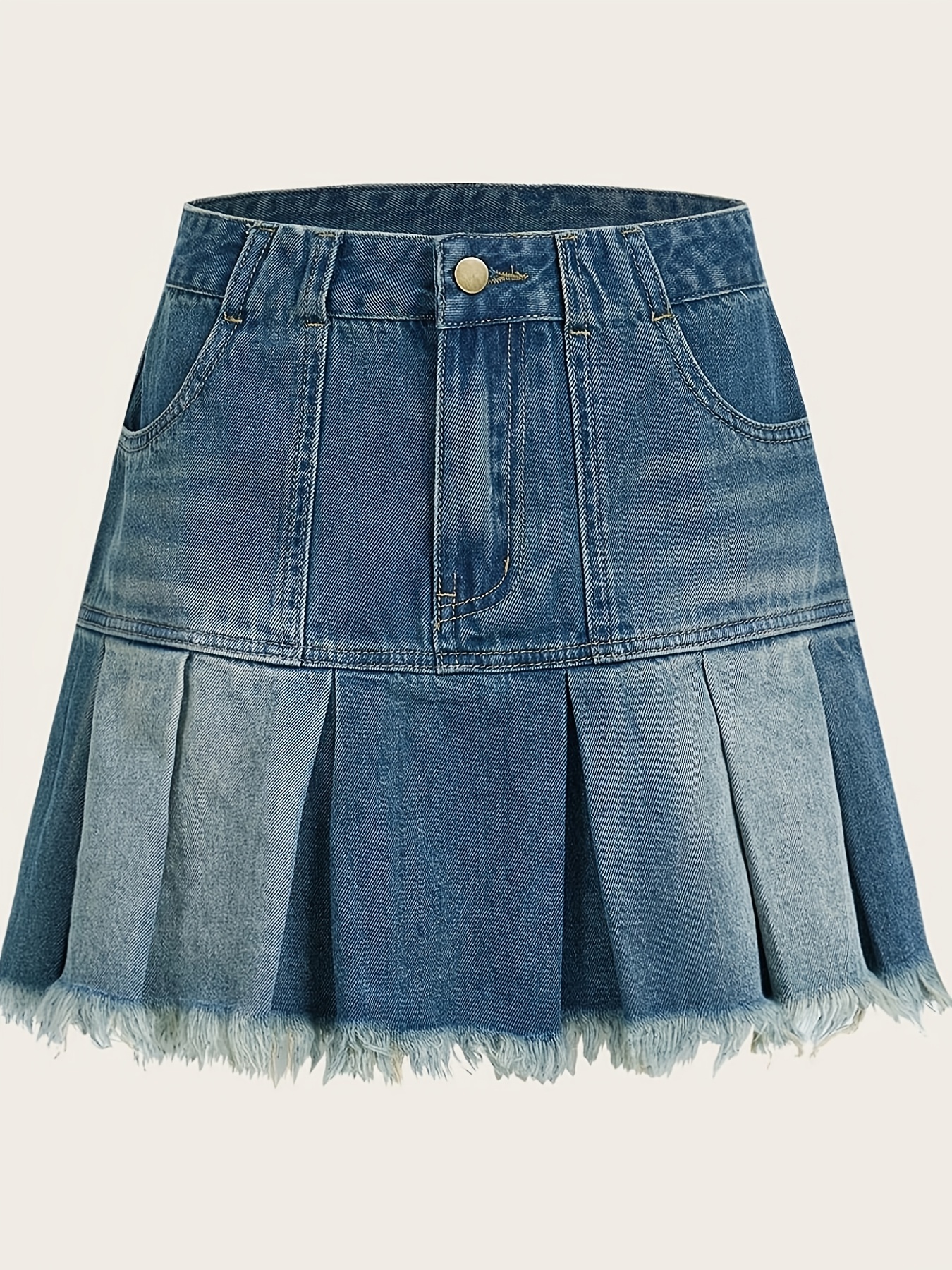 Hem Pleated Slash Pocket Denim Skirt Plain Washed Blue - Temu Canada