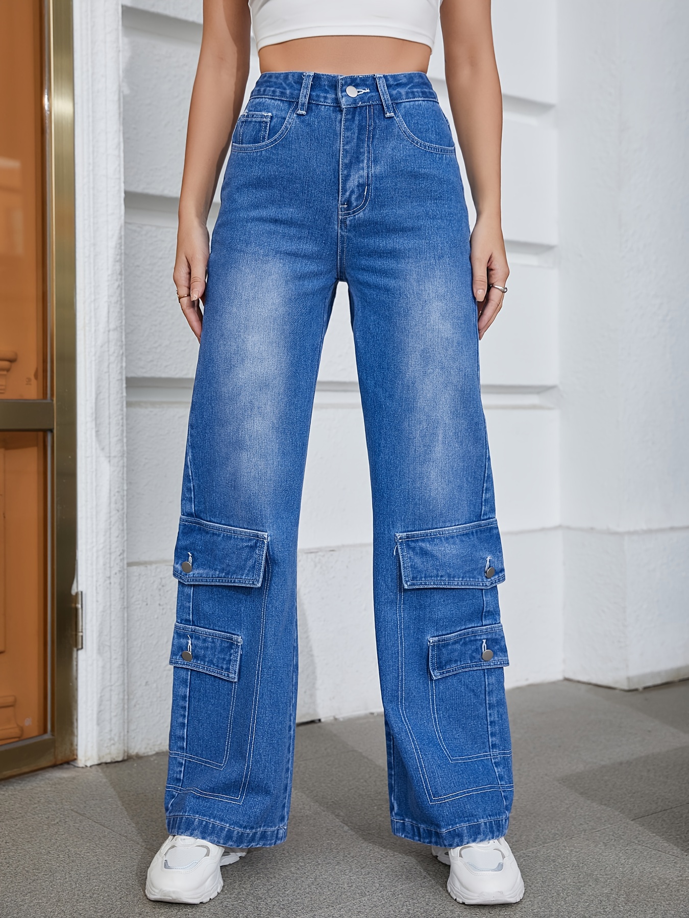 Solid Color Flap Pockets Straight Jeans Slash Pockets Loose - Temu