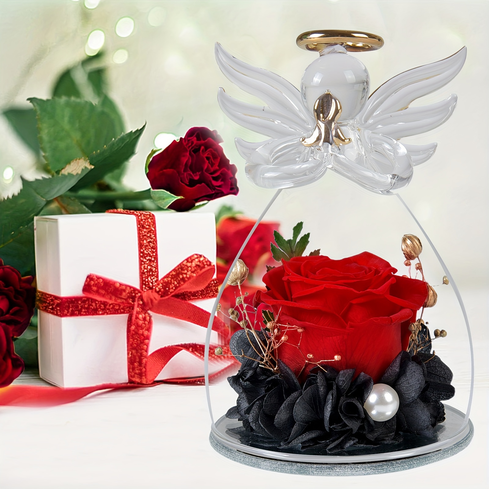 Regalos de mujer para el día de San Valentín, regalos de rosa roja  preservada para mamá, ángel de cristal con rosa real, regalos de cumpleaños  para