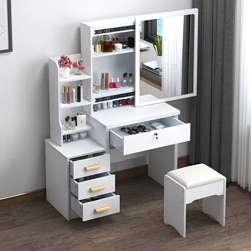 Vanity Desk with Mirror and Lights, Makeup Vanity with 3 Lighting Options,  Dressing Table with Charging Station, Vanity Set with 4 Cabinets, Shelves  and Stool, Corner Vanity for Women Girls