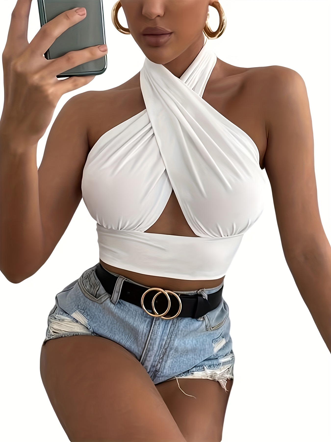 Solid Skinny Crop Halter Top Sexy Stretchy Backless Halter - Temu