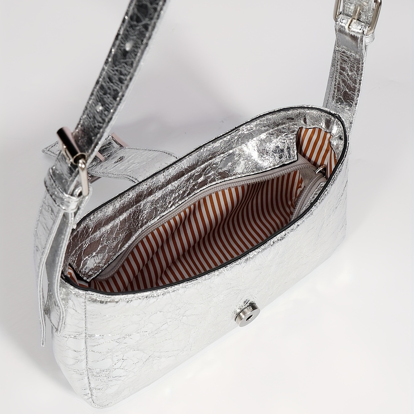PU Leather Buckle Decor Shoulder Bag with Silver Zipper