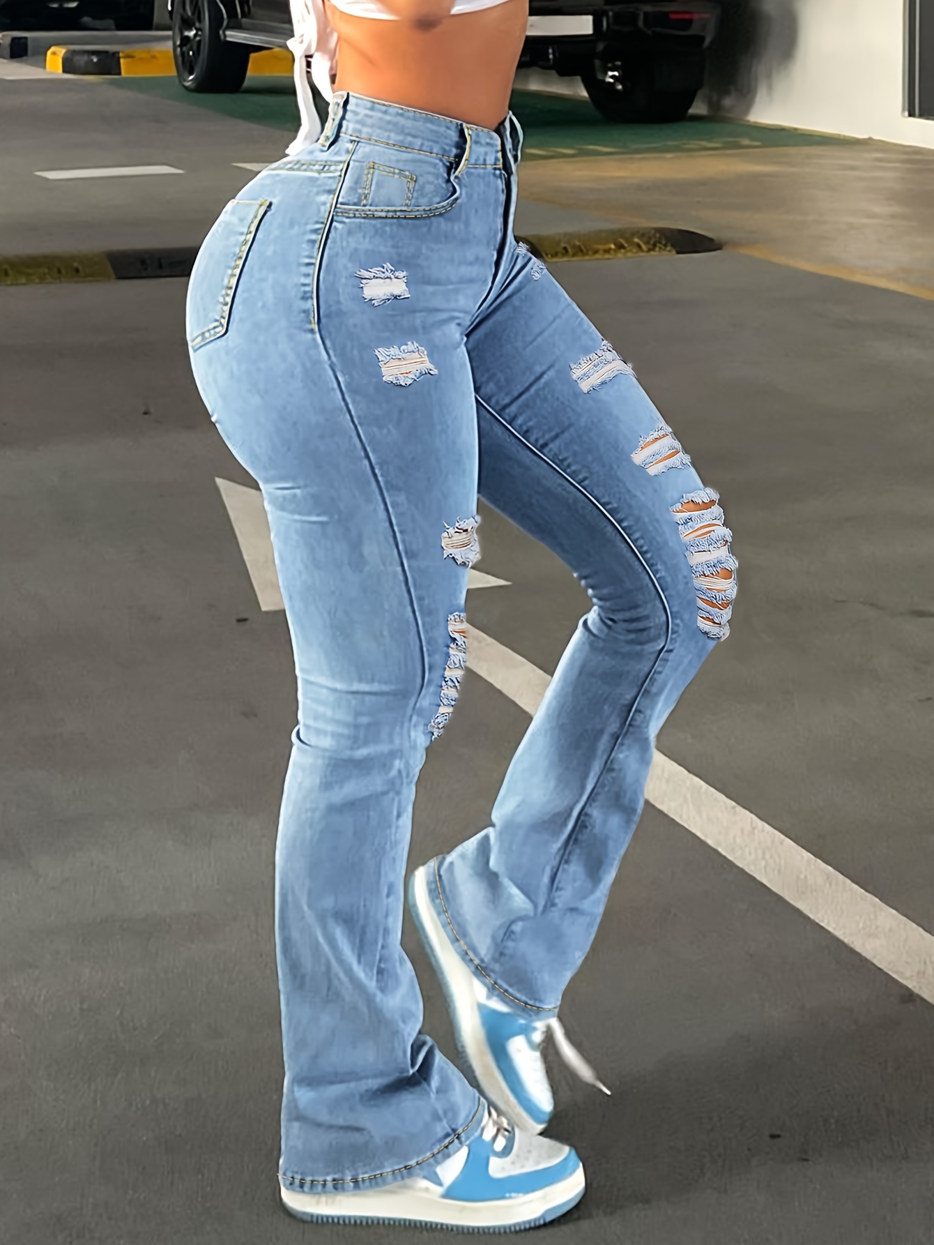 Women's Skinny Ripped Bell Bottom Jeans High Waisted Flare Jeans
