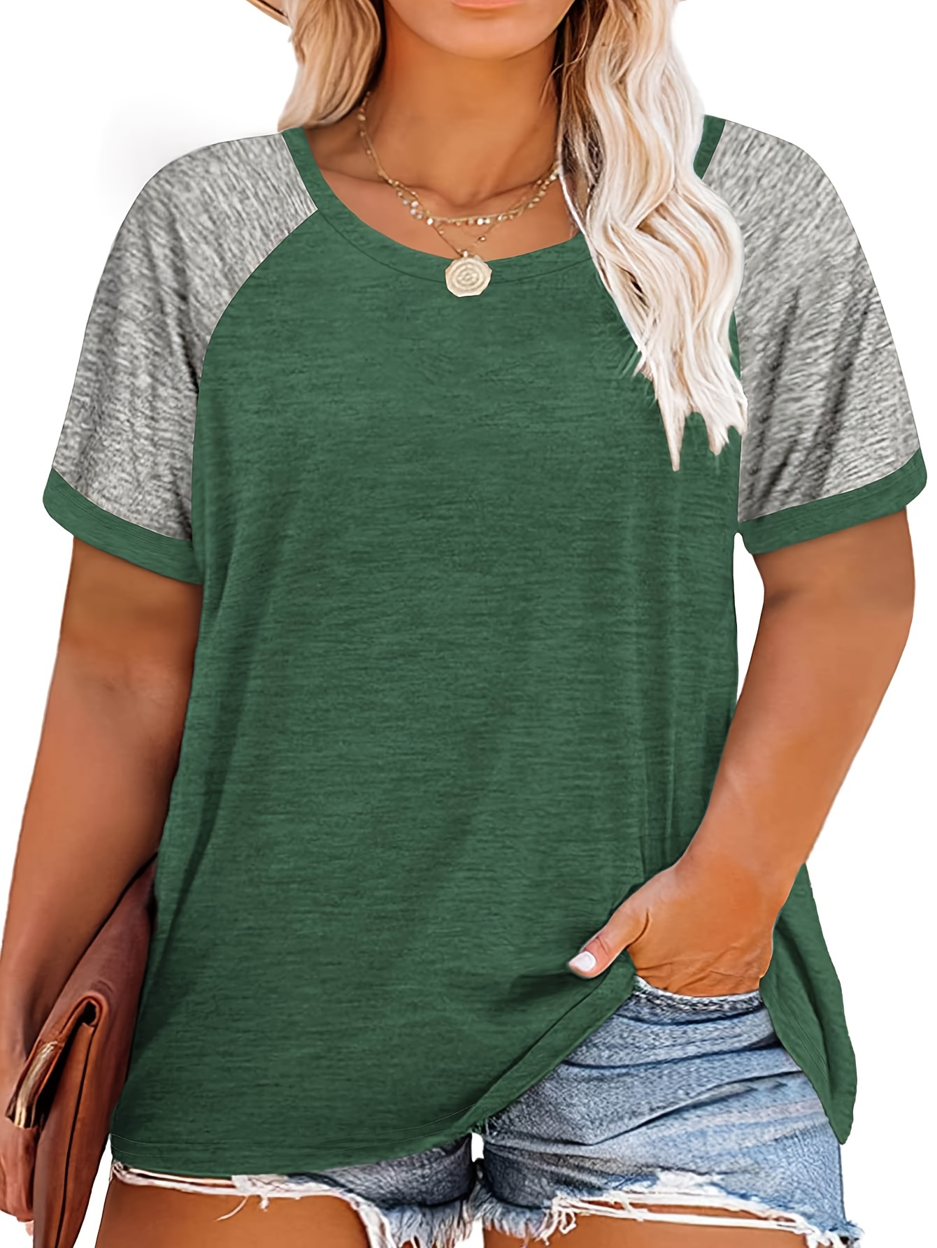 Plus Size Women's Summer Casual Raglan Color Block T-Shirt - Teal & Heather Grey Short Sleeve Loose Fit Tee, Breathable Round Neck Top for Casual Attire, Ladies T Shirts, Smooth Texture Shirt, Soft Fabric Tee