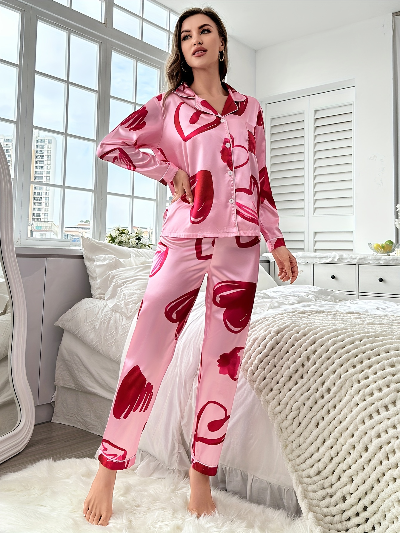 Heart Print Pajama Set, Long Sleeve Buttons Top & Elastic Waistband Pants,  Women's Sleepwear & Loungewear