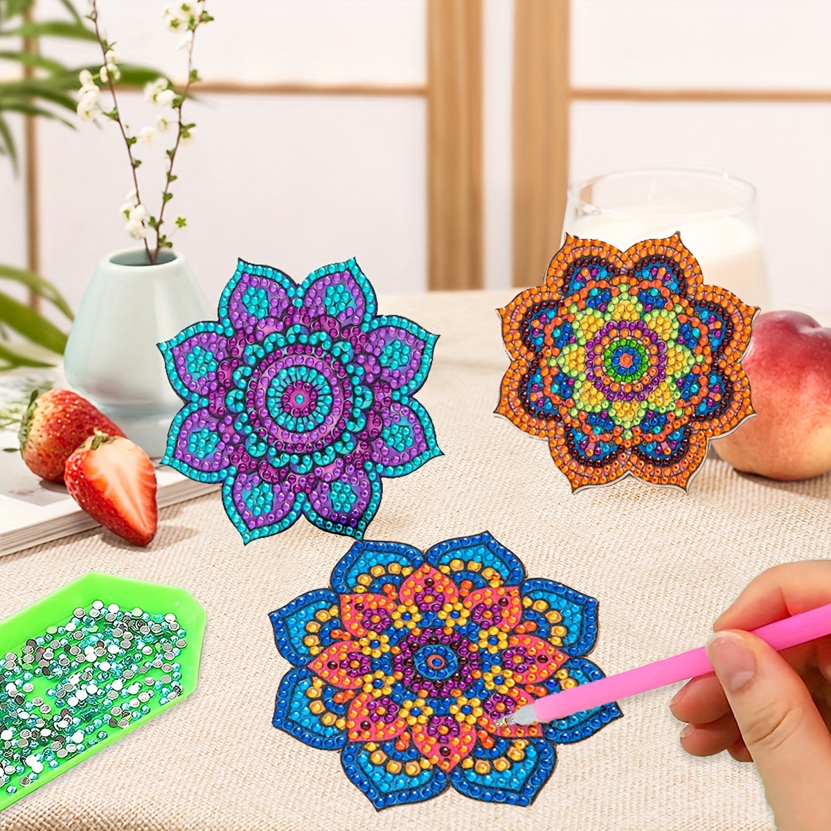 Artificial Diamond Painting Coasters Kit, Mandala Diamond Art Coasters With  Holders Diamond Dot Art Coasters - Temu