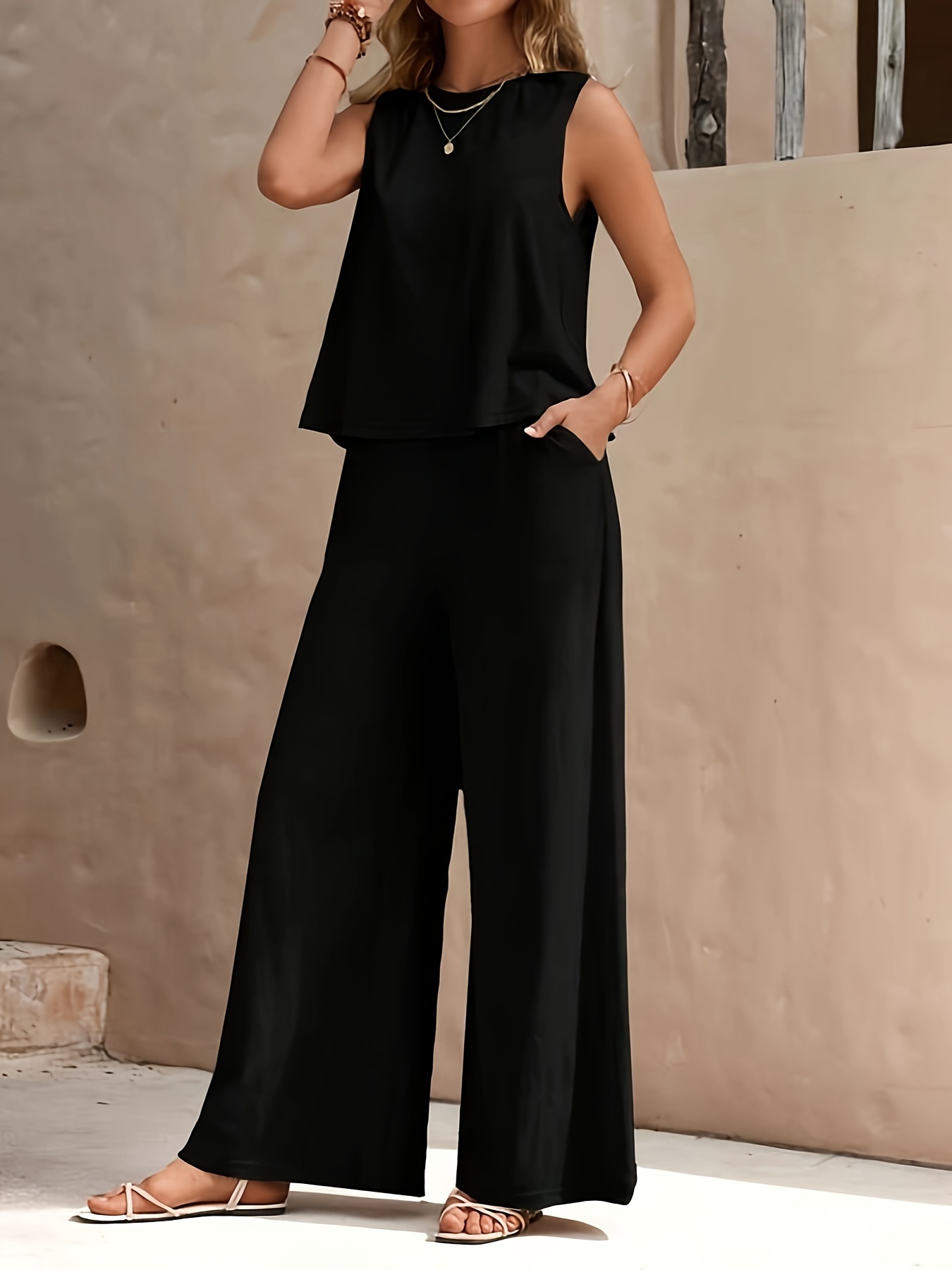Solid Matching Two-piece Set, Casual Eyelet Tank Top & Wide Leg Pants  Outfits, Women's Clothing