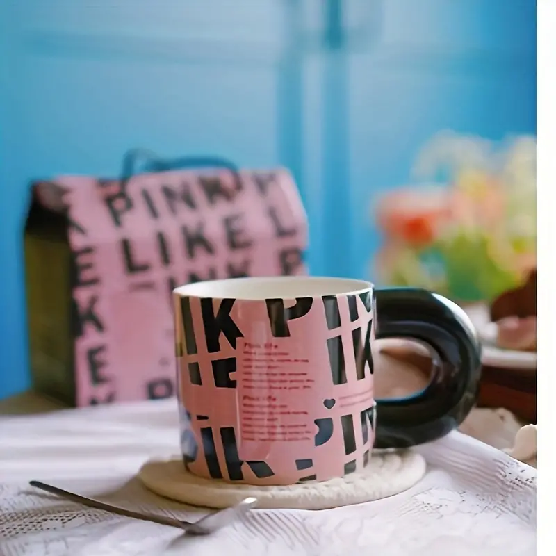 1pc, Pink And Black Coffee Mug With Spoon, Ceramic Coffee Cups, Cool Cute  Water Cups, Summer Winter Drinkware, Gifts
