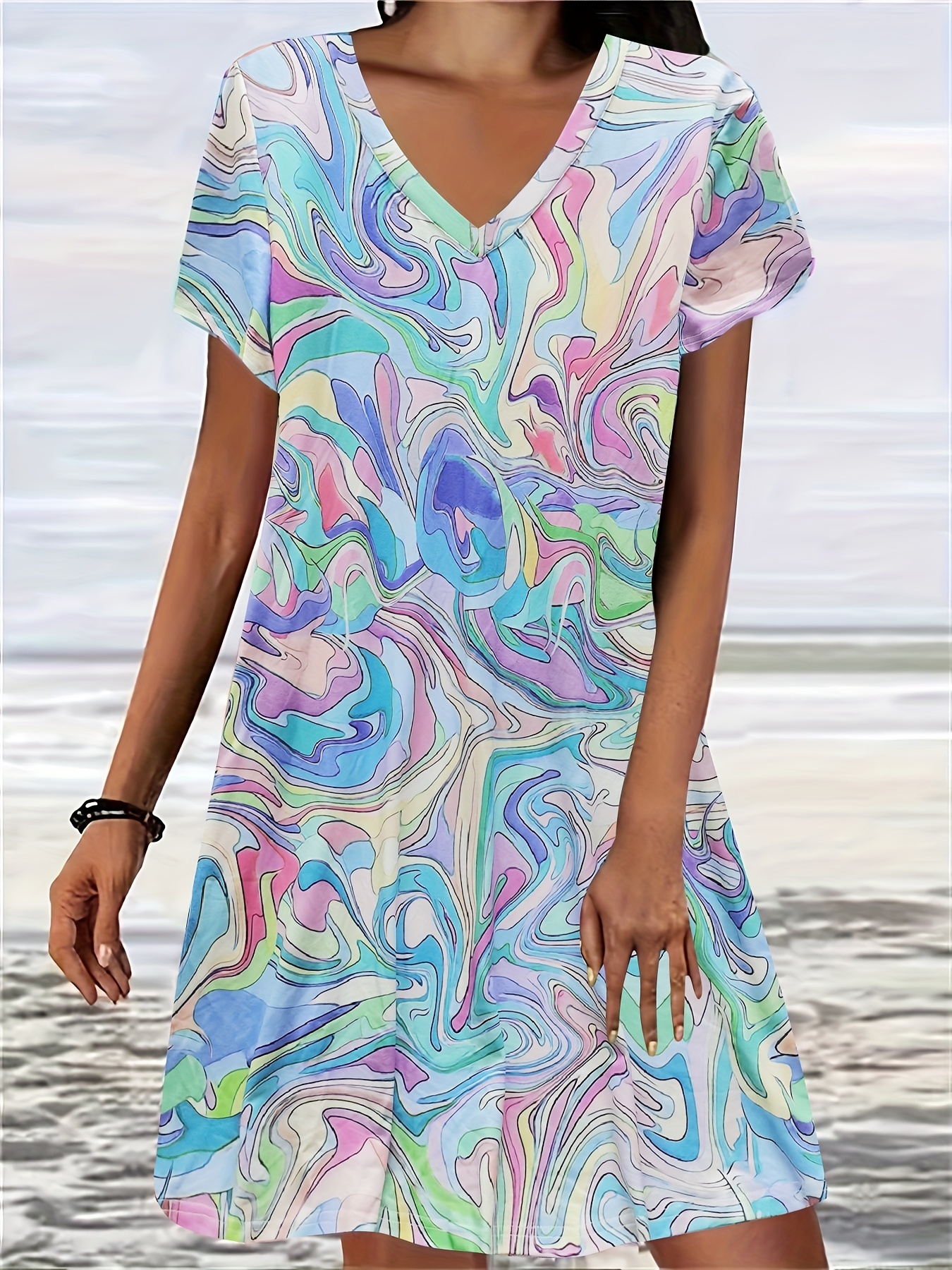 Abstract Ripple Print Dress Casual V Neck Short Sleeve - Temu Canada