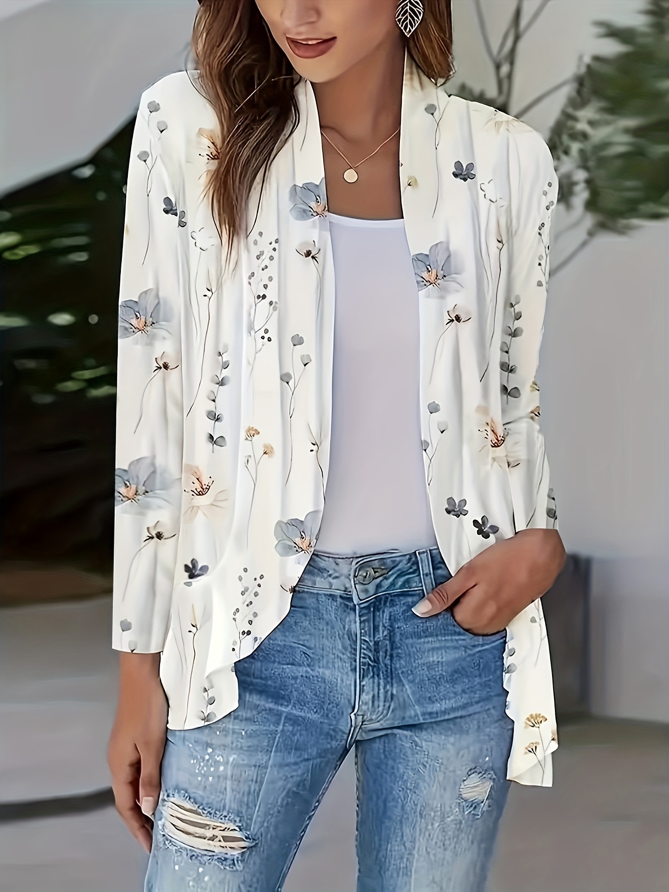 Print Open Front Belted Cardigan Casual Long Sleeve Cover - Temu