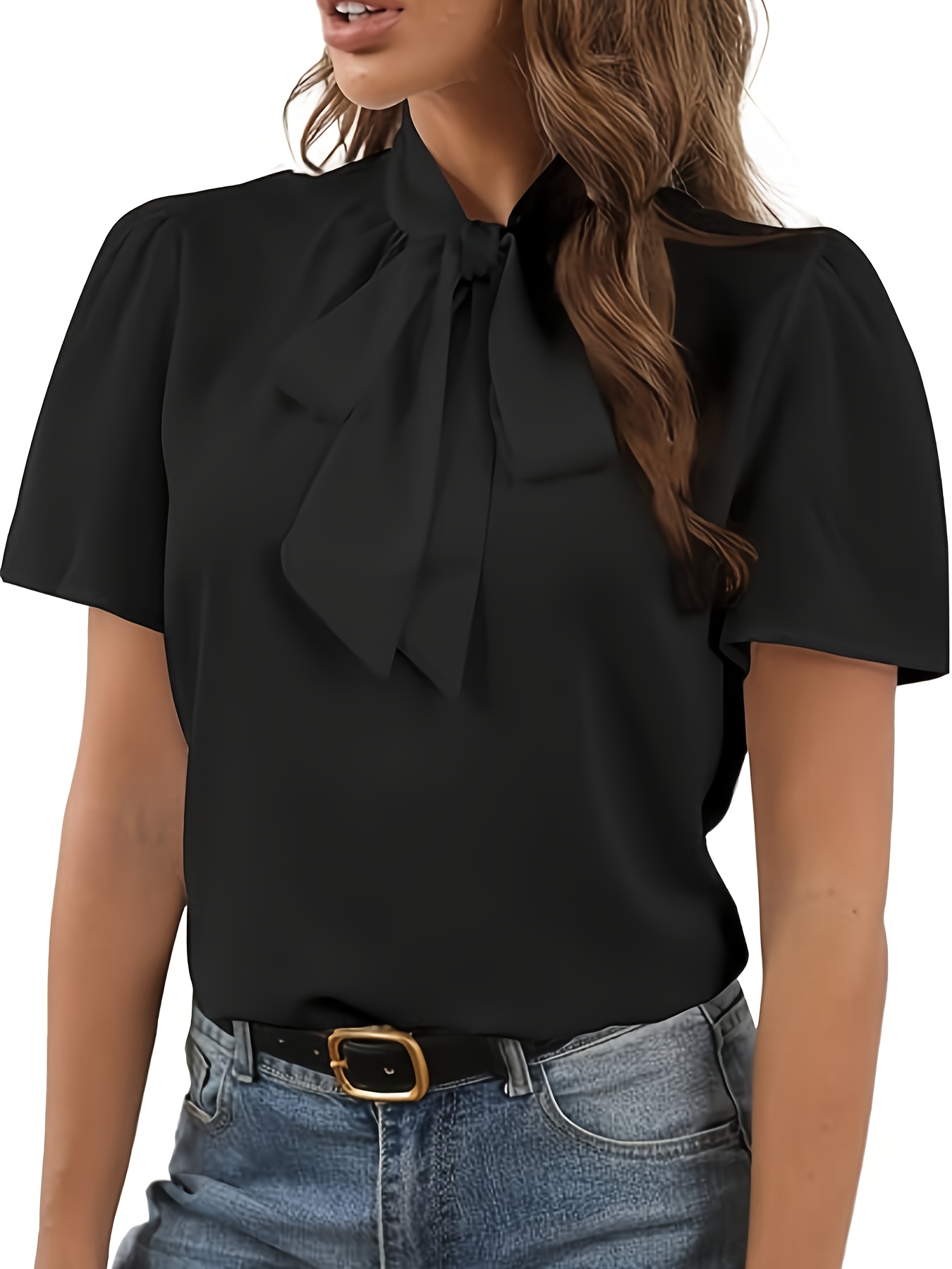 Cut Out Tie Neck Blouse Elegant Solid Simple Blouse For - Temu Canada