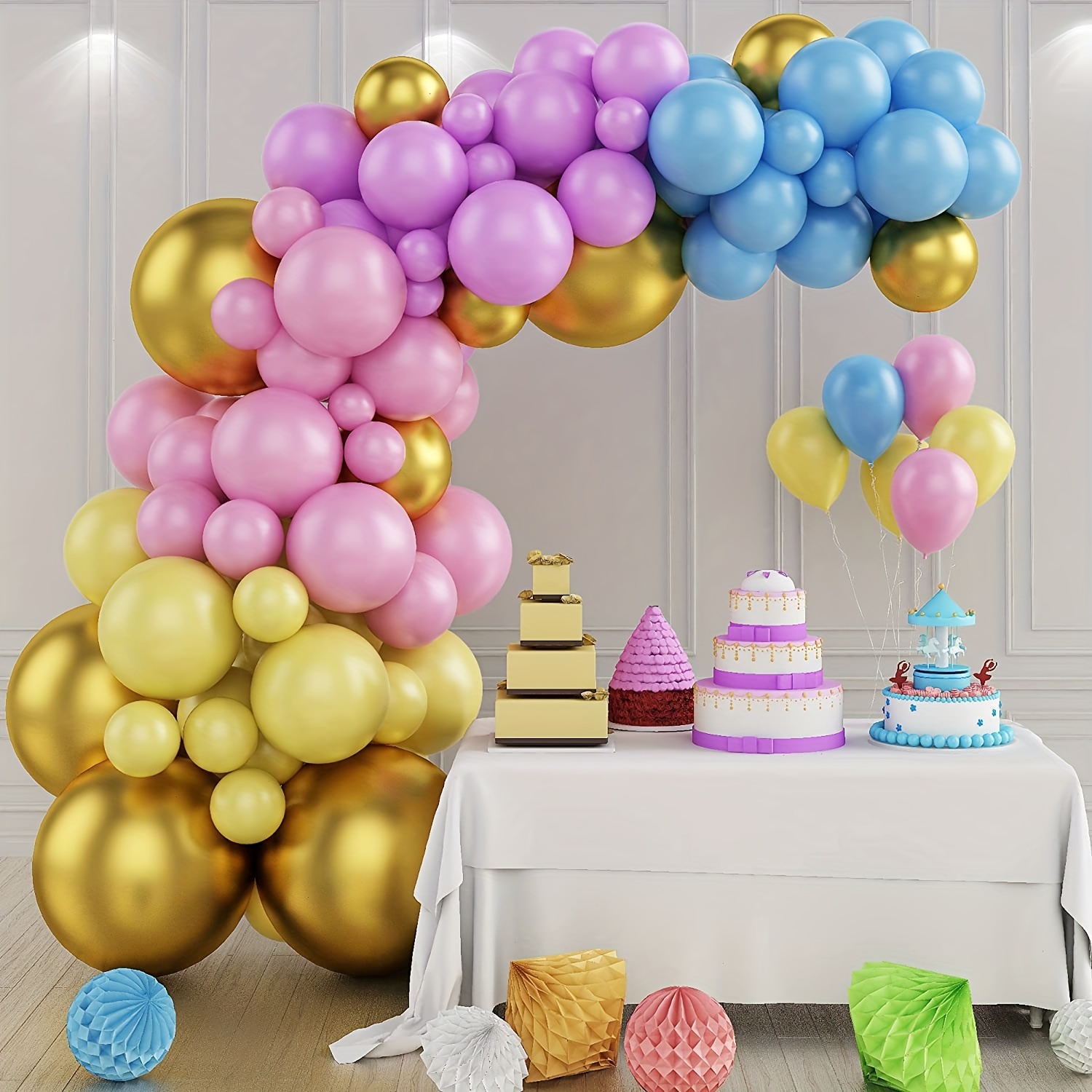 Kit de guirlande de ballons rose vif avec ballons verts métallisés bleus en  latex pour anniversaire, mariage, fête prénatale, fiançailles, fête