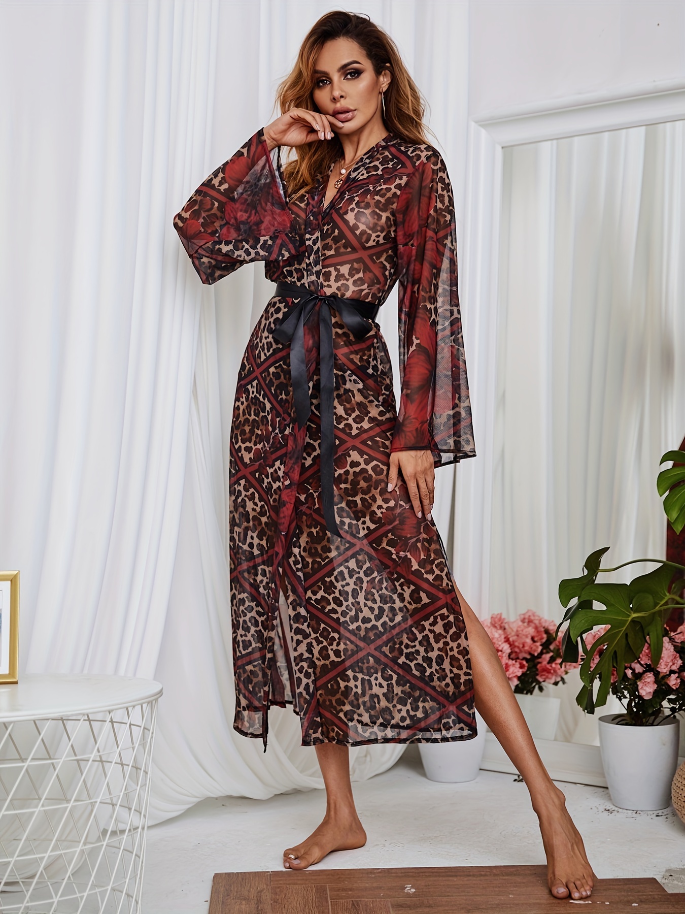 Robe Nuit Sensuelle En Maille L opard Robe Longue Manches Temu