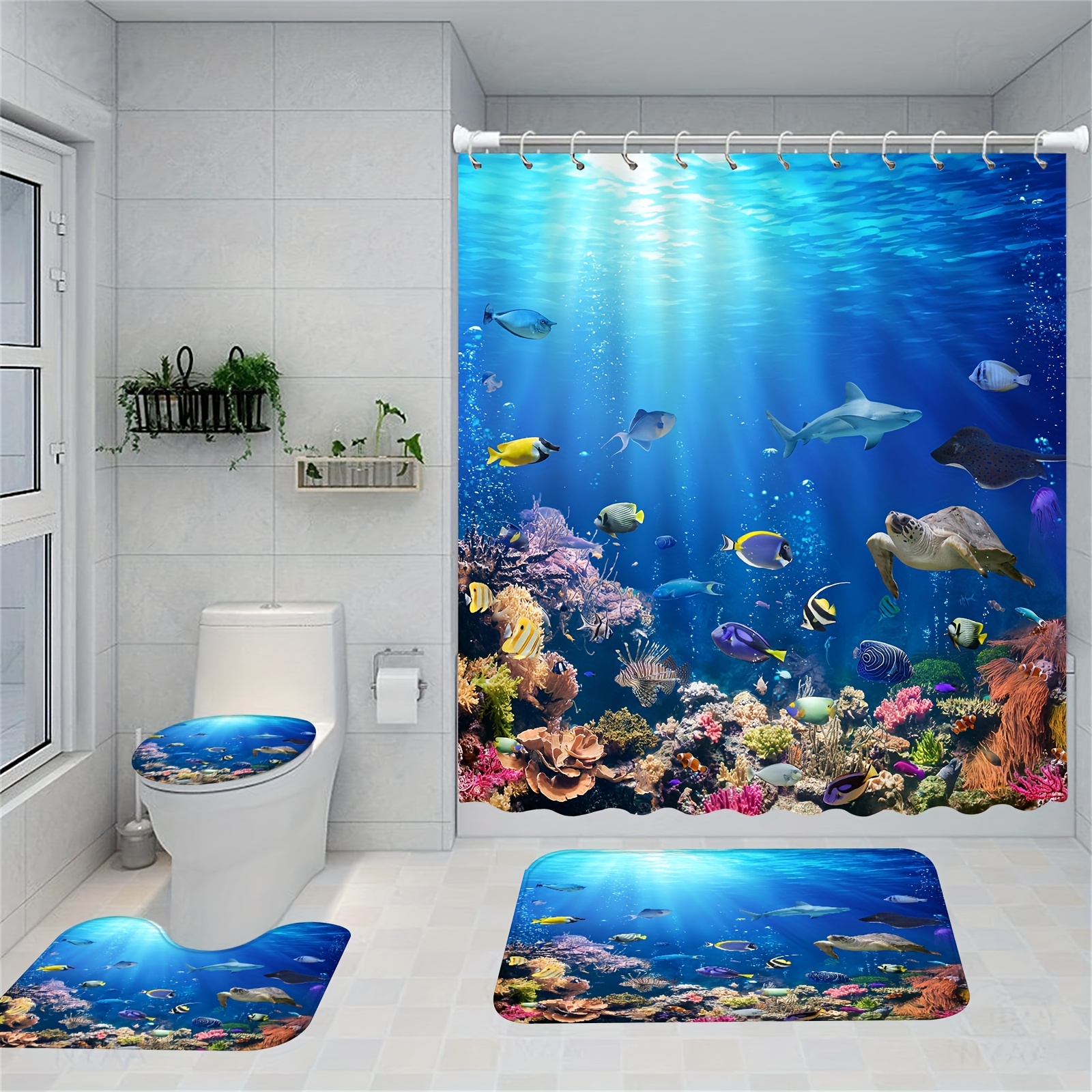 4pcs Shower Curtain Sets With 12 Hooks, Nature Ocean Sea Turtle And Fish  Pattern Non-Slip Rugs, Toilet Lid Cover And Bath Mat, Durable And  Waterproof
